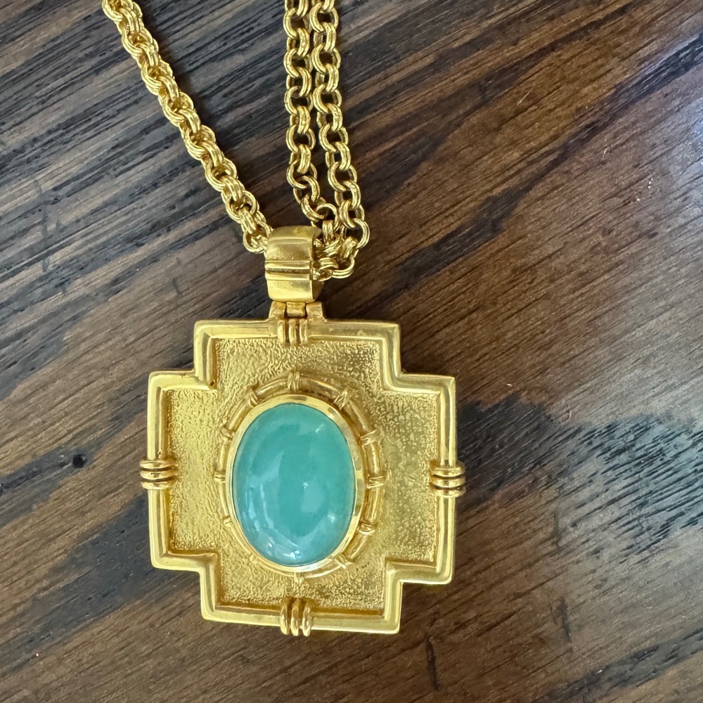 Julie Vos Gold Double Chain Necklace with Aqua Chalcedony cabochon Pendant